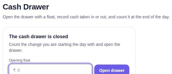 BILL OS cash drawer screen: enter an opening float and open the drawer.