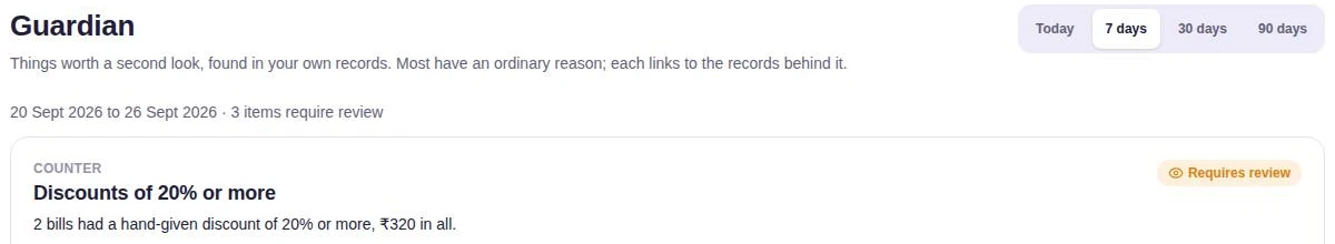 BILL OS Guardian screen listing items to review for the last 7 days, starting with discounts of 20% or more.