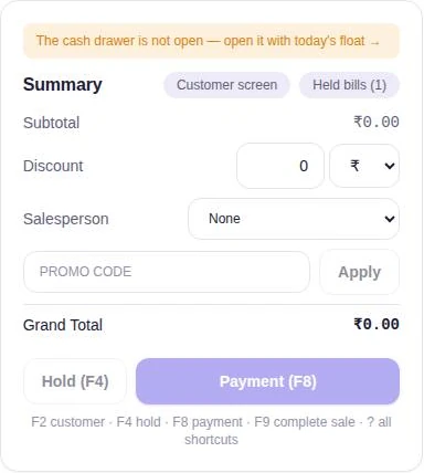 BILL OS bill summary: subtotal, discount, salesperson, promo code, grand total, Hold (F4) and Payment (F8), with the shortcut list below.