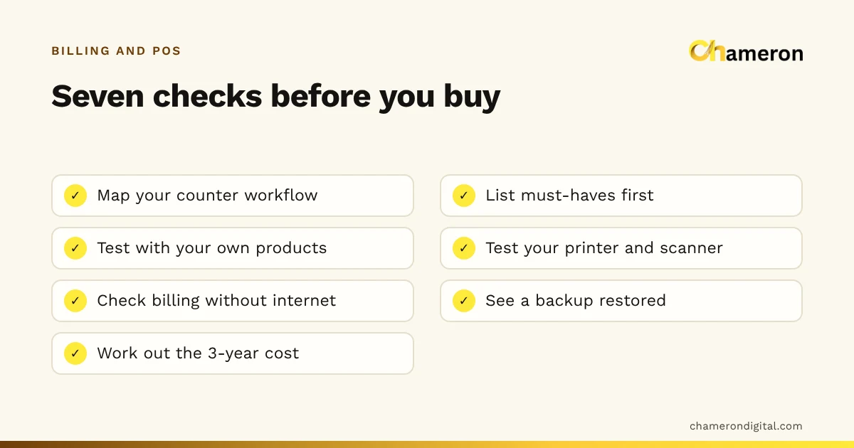 Checklist of seven checks for choosing billing software: map your counter, list must-haves, test with your own products, test your printer and scanner, check offline billing, check backups and restore, and work out the three-year cost.
