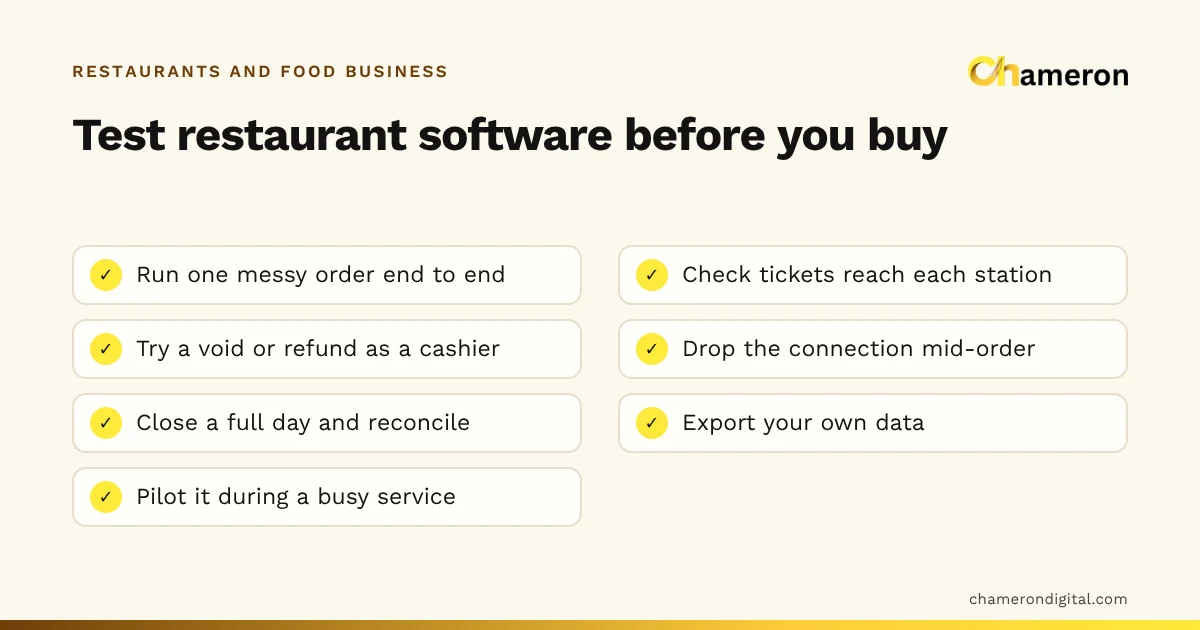 Checklist of seven tests to run on restaurant software before buying, from running one messy order end to end to piloting it during a busy service.