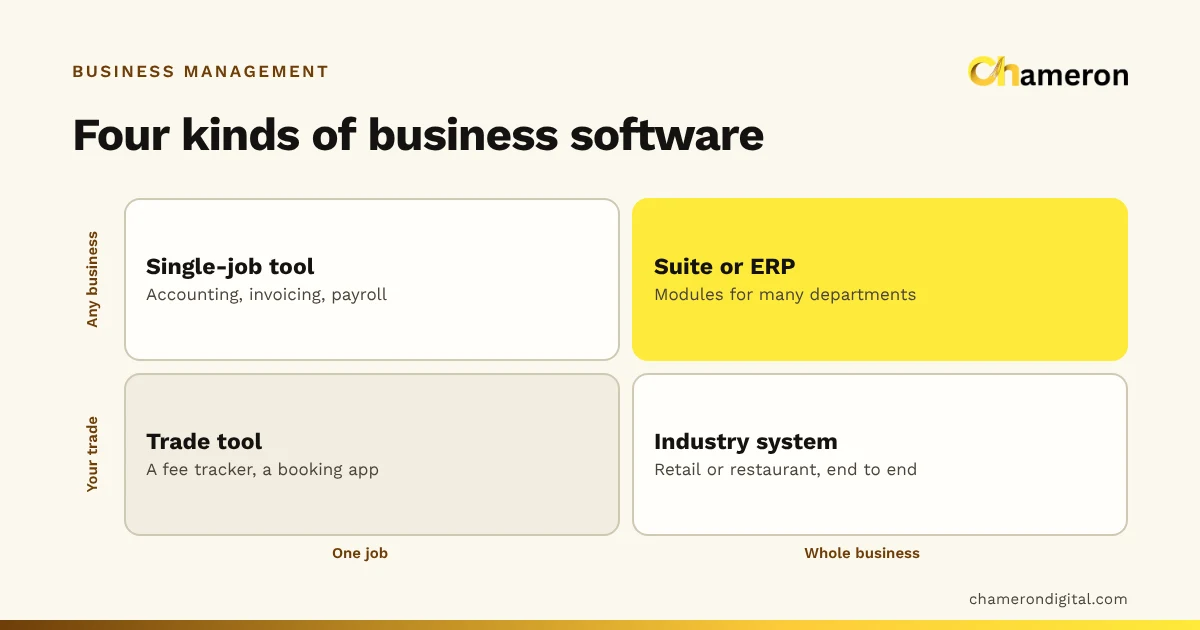 Two-by-two grid of business management software types: general tools for one job, general suites, industry tools for one job, and industry systems for the whole business.