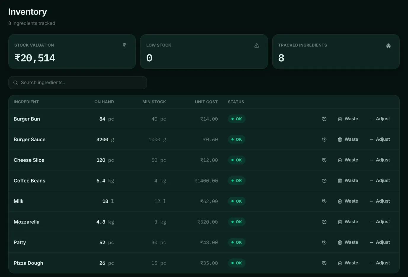 DINE OS inventory screen with stock valuation, low-stock count and a list of ingredients with on-hand quantity, minimum stock and unit cost.