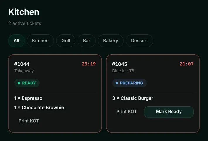 DINE OS kitchen display with two tickets: a takeaway marked ready and a dine-in order for table 6 being prepared, each with a timer and Print KOT button.