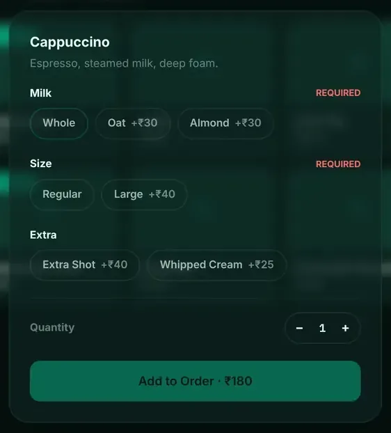 DINE OS till dialog for a cappuccino with required milk and size choices, optional extras, quantity and an Add to Order button showing the price.